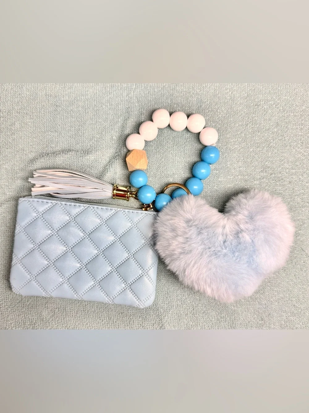 Light Blue Zippered Wristlet Keychain with Blue and Pink Beads